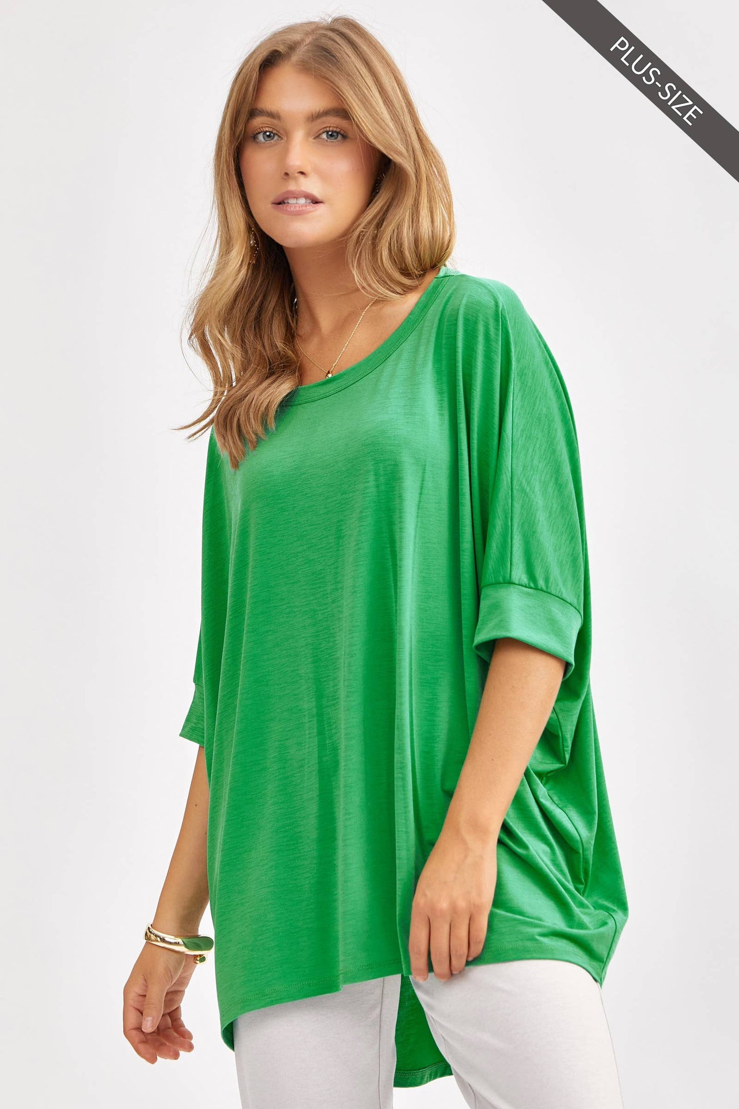 PLUS SIZE Relaxed Banded Dolman Sleeve Poncho-Like Tunic Top