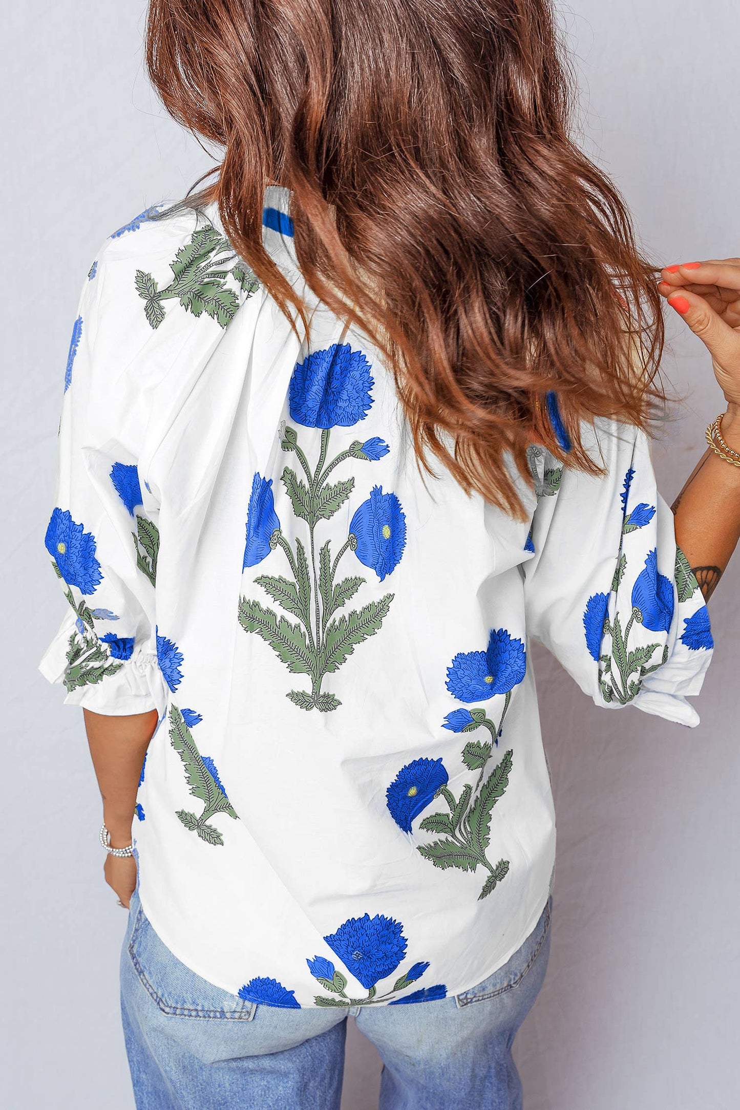 Plus Size Wild Flower Print V Neck 3/4 Sleeve Blouse (S-4X)