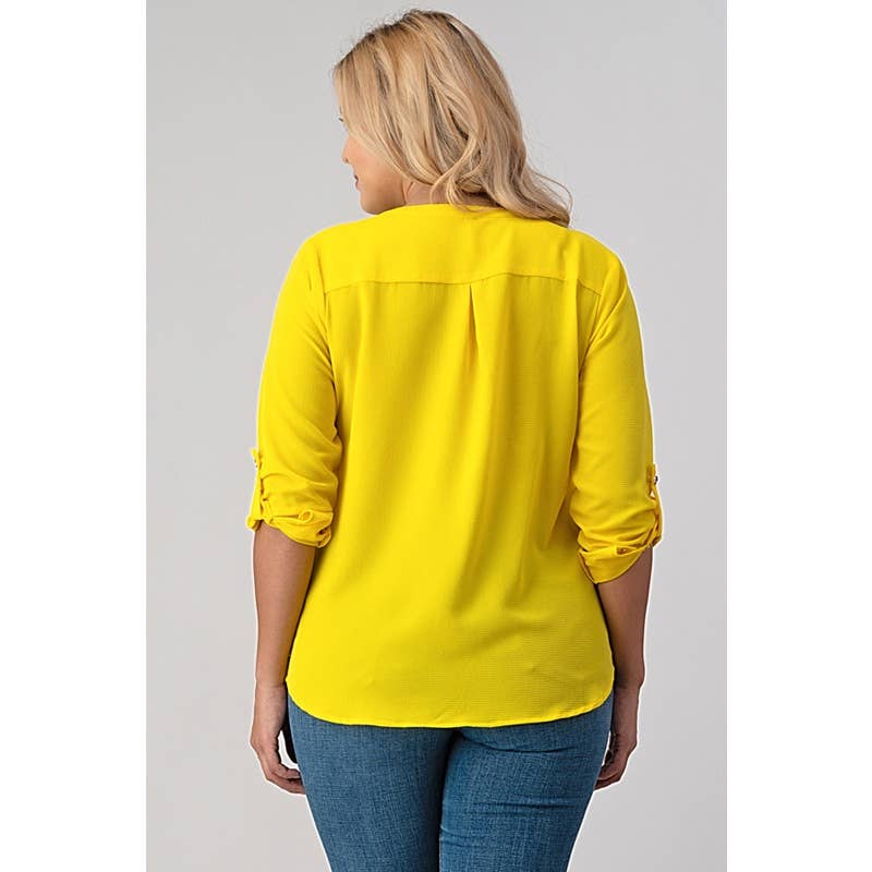 PLUS SIZE ZIPPER TRIM ROLL UP SLEEVE HENLEY TOP
