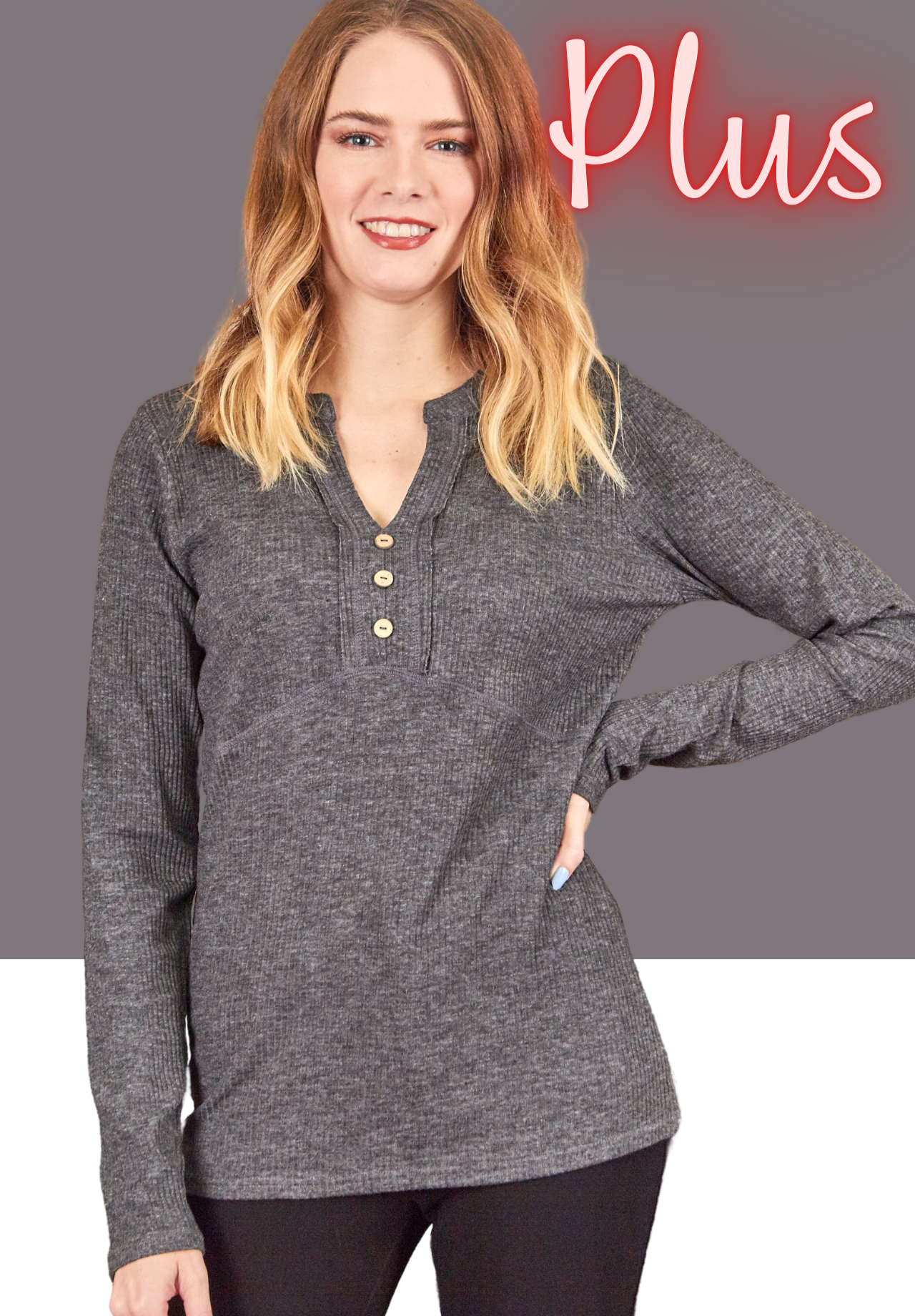 2tone rib V neck top 13007-PLUS