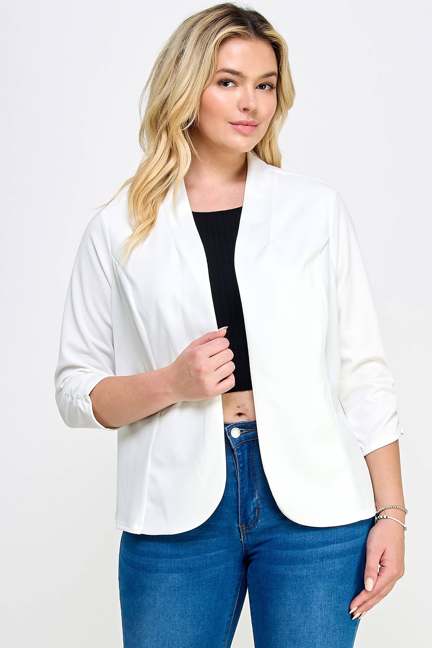 Plus Size Ruched 3/4 Sleeve Blazer - WG18353-J
