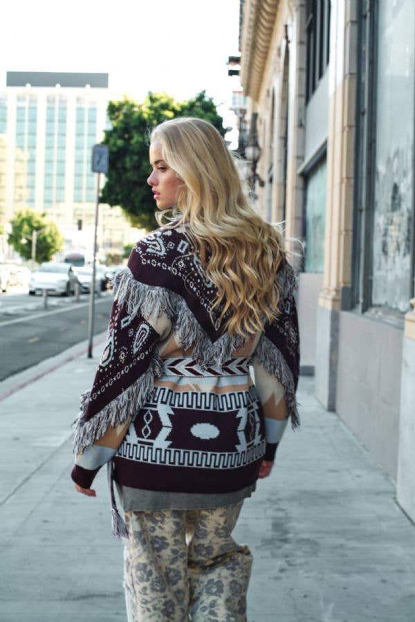Plus - Fringe Trim Jacquard Belted Cardigan