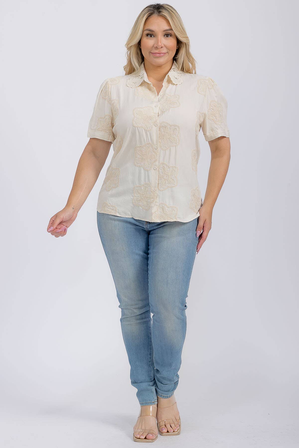 Plus Embroidered Button Down Blouse
