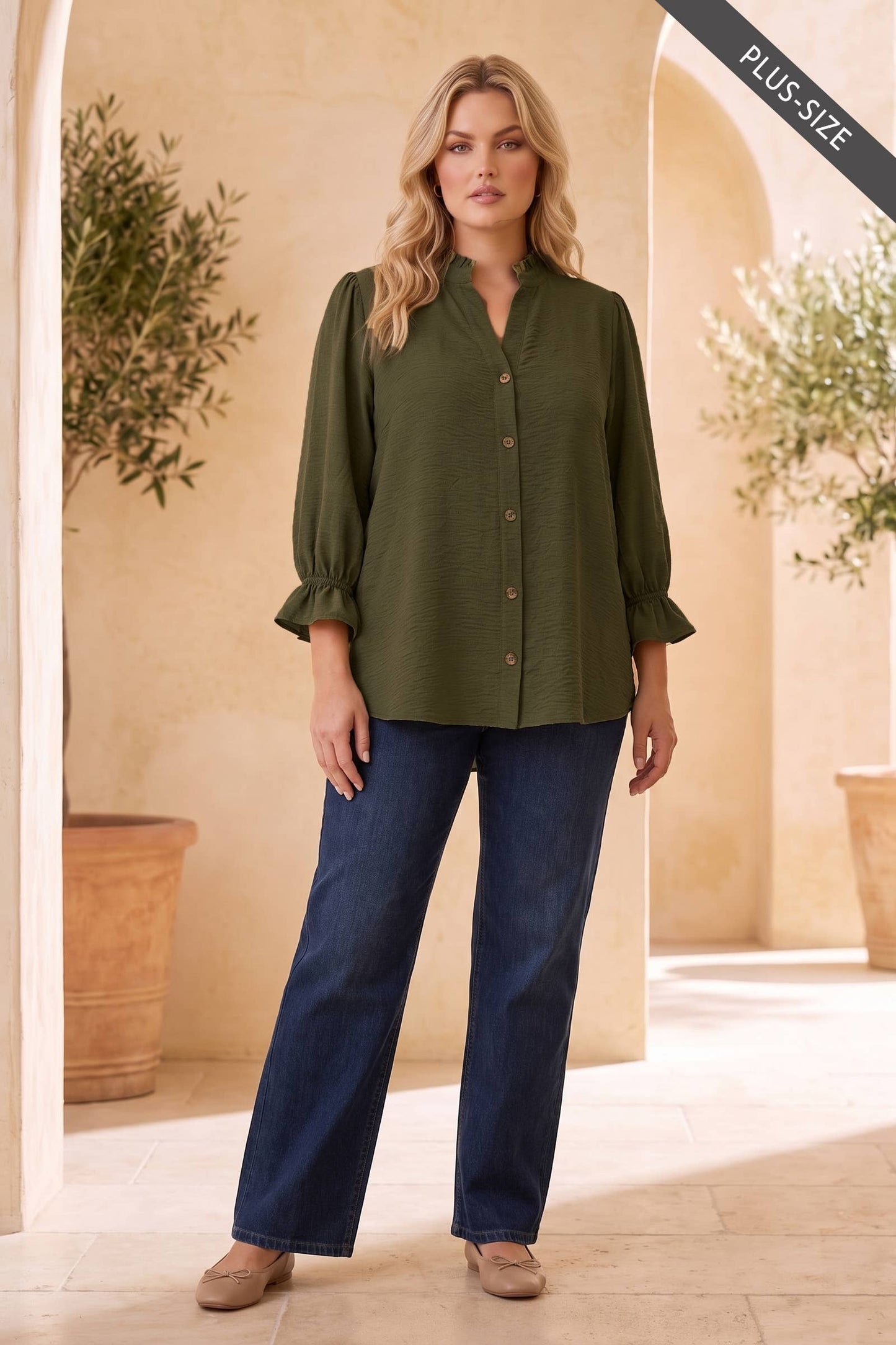 PLUS SIZE Ruffle 3/4 Sleeve Button Down Front Blouse