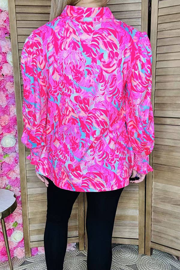 Trendy pink floral v-neckline women's boutique top GJQ16006