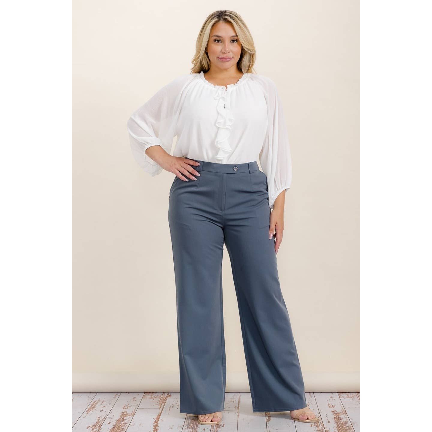 PLUS SIZE BUTTON TAB STRAIGHT LEG TROUSER PANTS