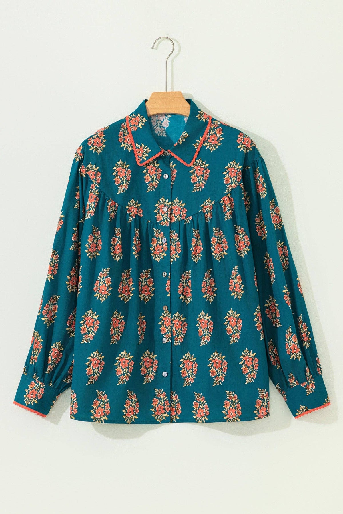 LALA LOO Plus Size Floral Lace Trim Buttoned Shirt