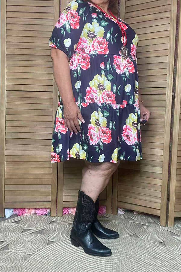 Floral print off shoulder short sleeve women dress GJQ15155
