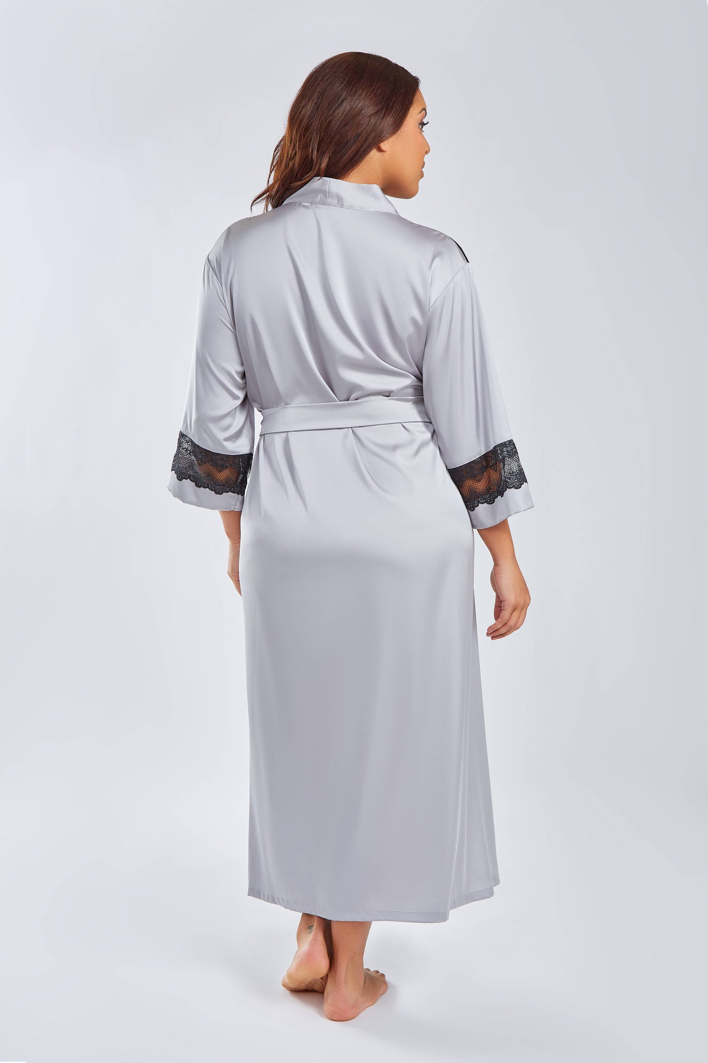Tess Plus Size Stretch Satin Long Robe with Lace