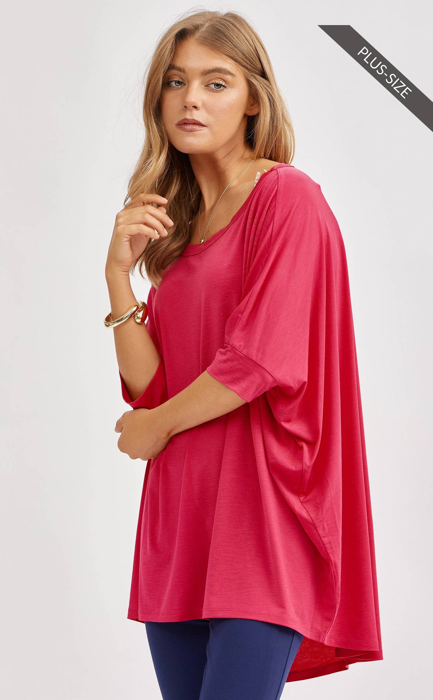 PLUS SIZE Relaxed Banded Dolman Sleeve Poncho-Like Tunic Top