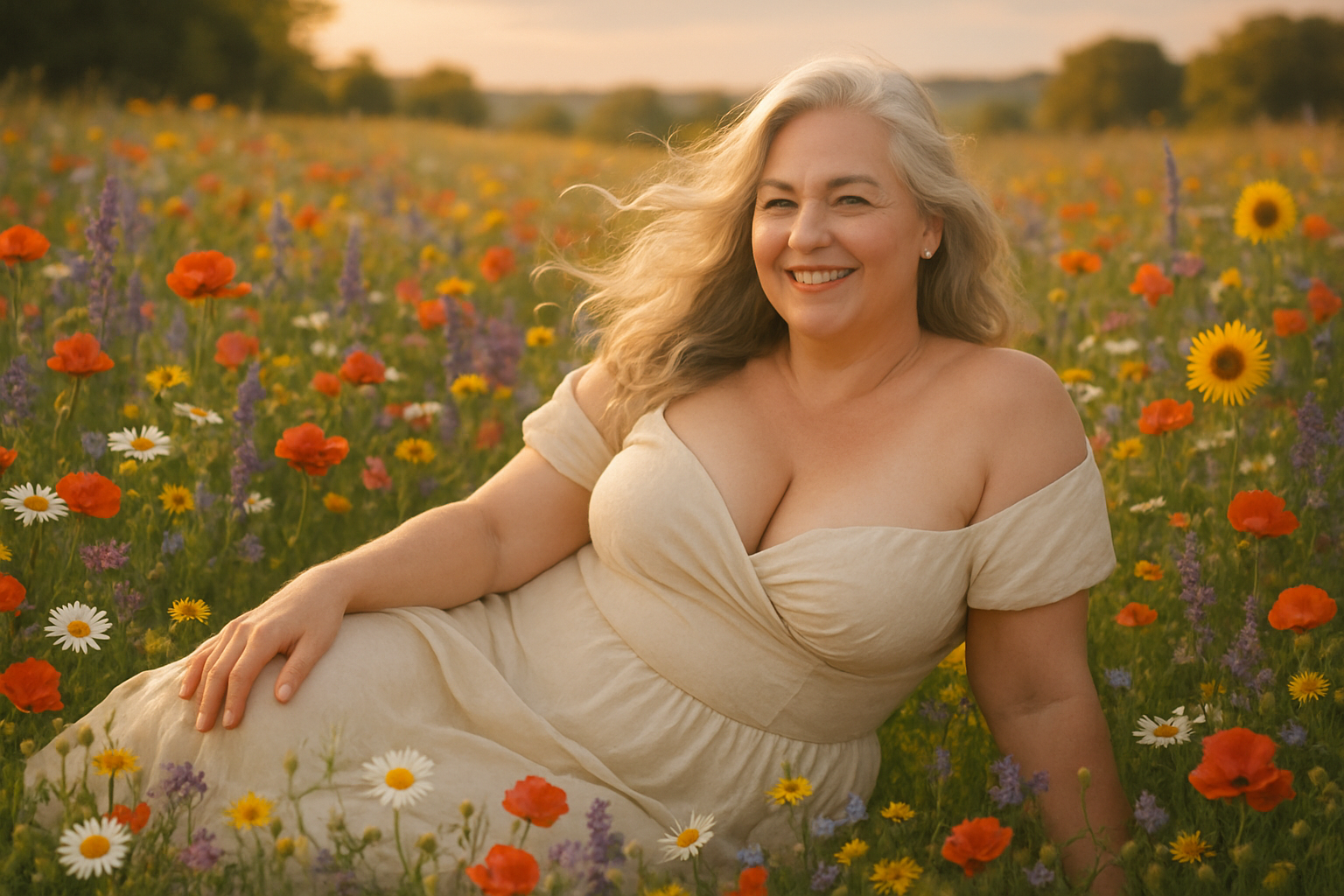 curvaceous middle aged attractive white female lounging in field of flowers wearing a pale blue dress
