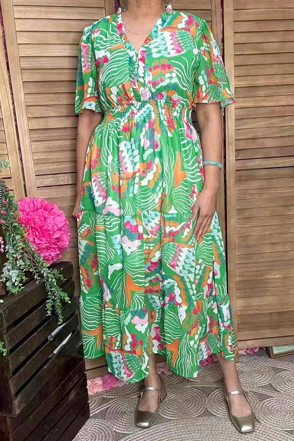 Green floral spring short sleeve women dress GJQ16824