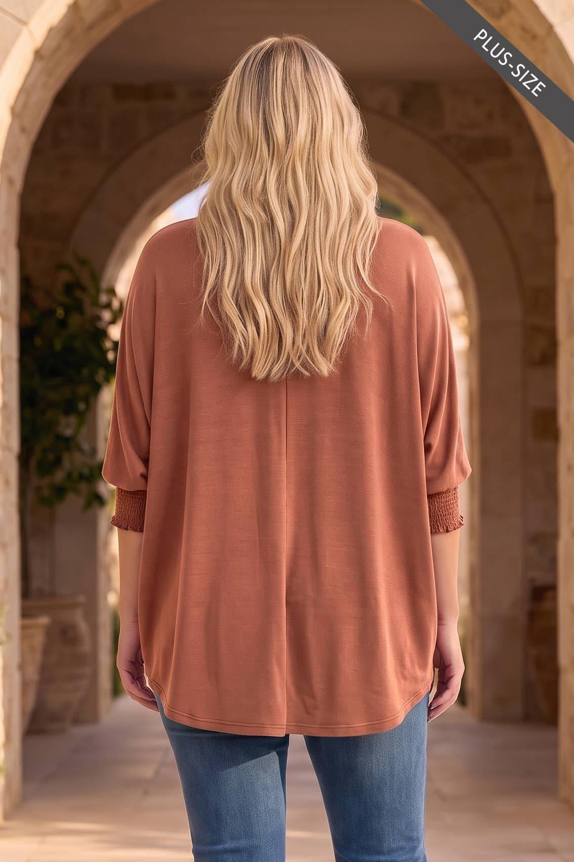 PLUS SIZE Oversized Smocked 3/4 Sleeve Poncho Blouse