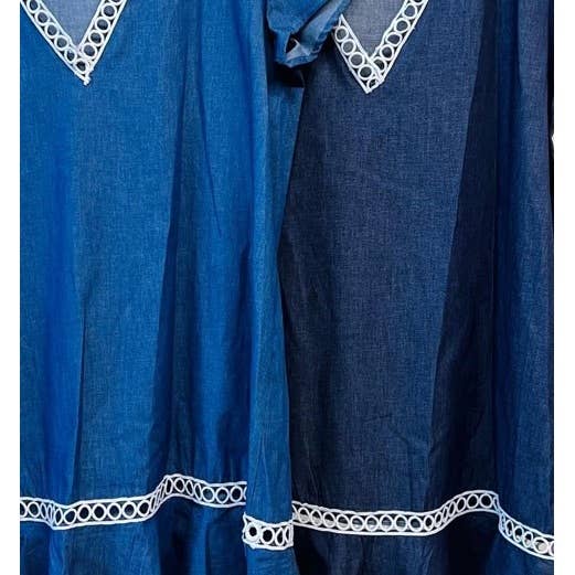PLUS SIZE DENIM CHAMBRAY LACE TRIM DETAIL SHORT SLEEVE MINI