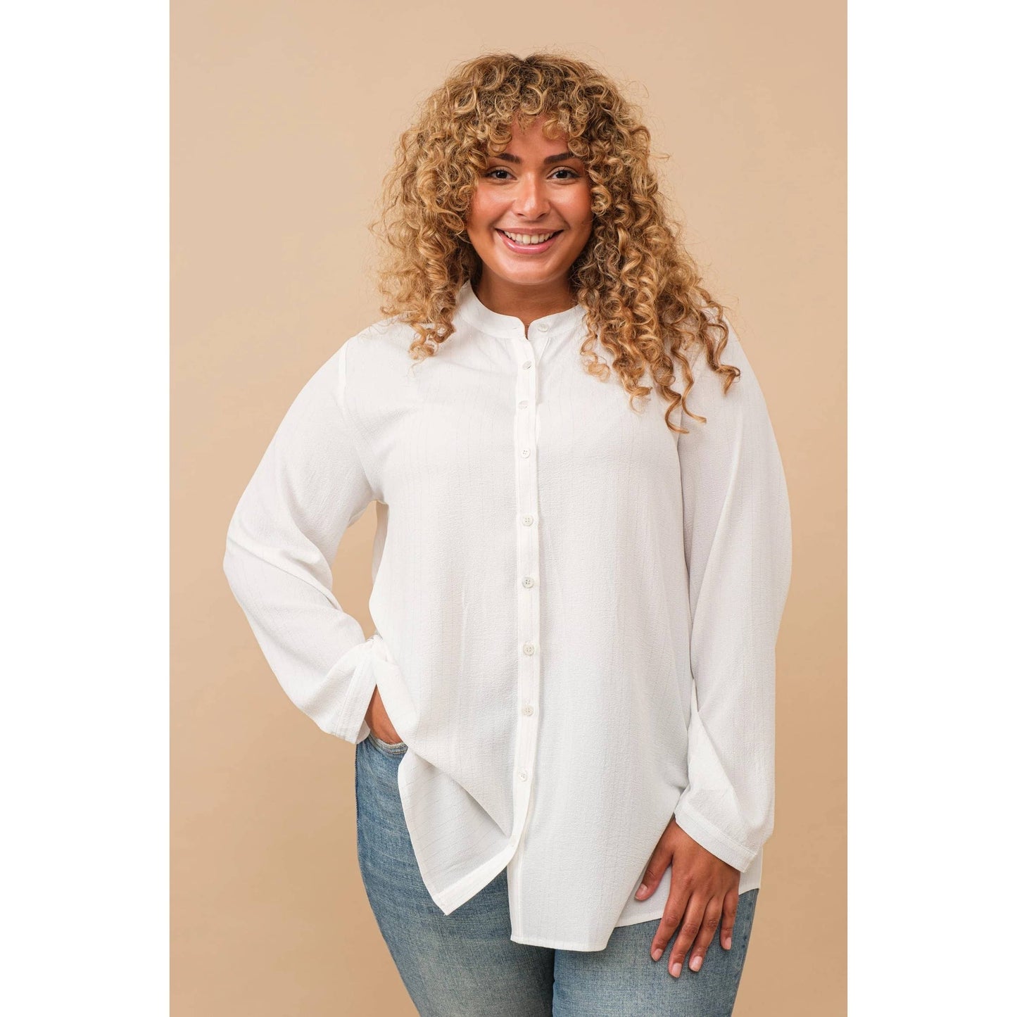 PLUS SIZE LUREX PINSTRIPE BUTTON DOWN LONG SLEEVE BLOUSE