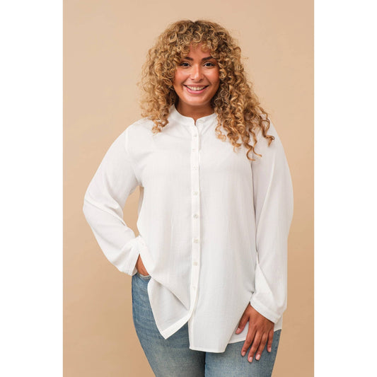 PLUS SIZE LUREX PINSTRIPE BUTTON DOWN LONG SLEEVE BLOUSE
