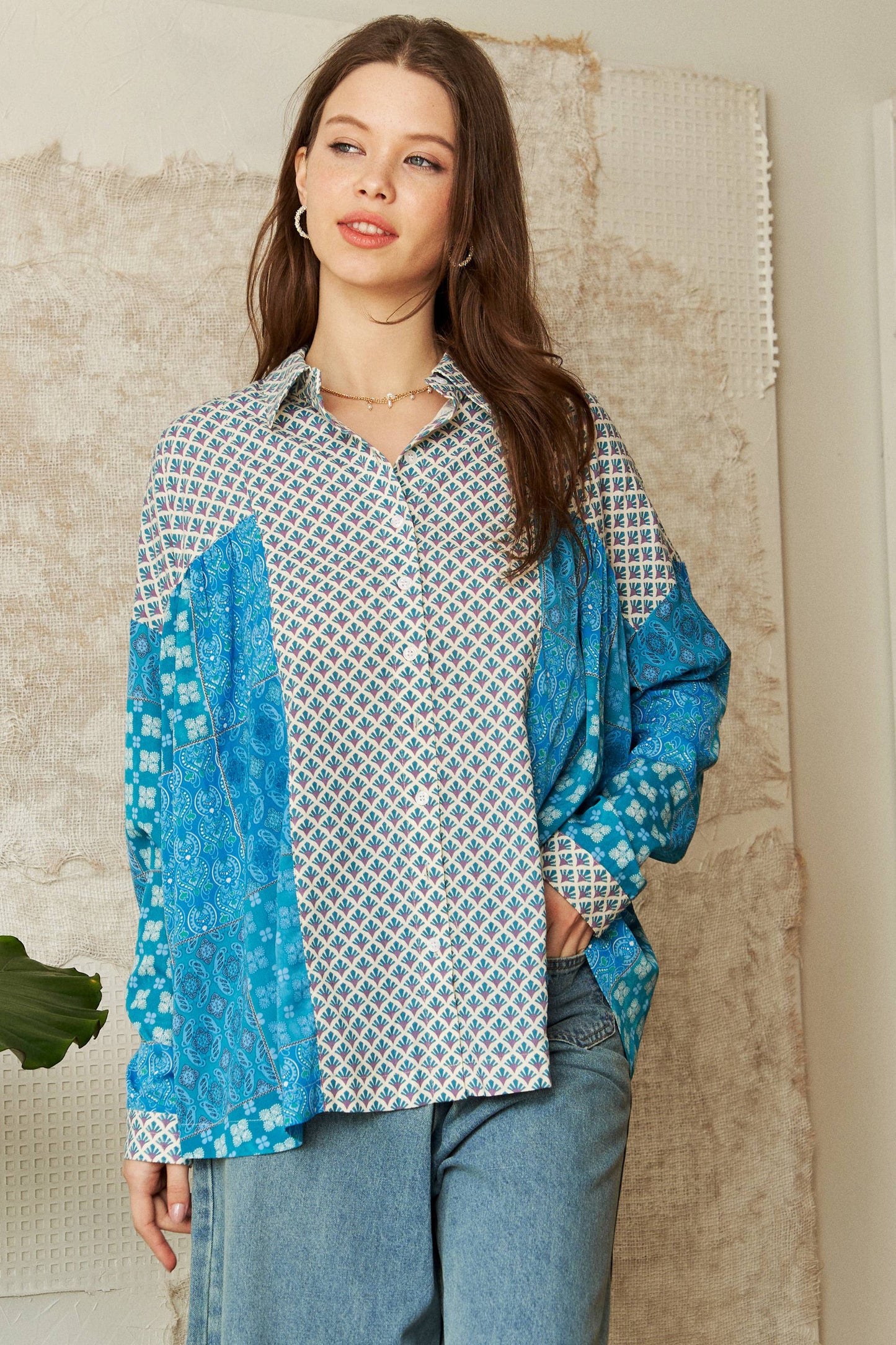 PLUS GEO MIXED BUTTON FRONT SLOUCHY RELAXED TOP