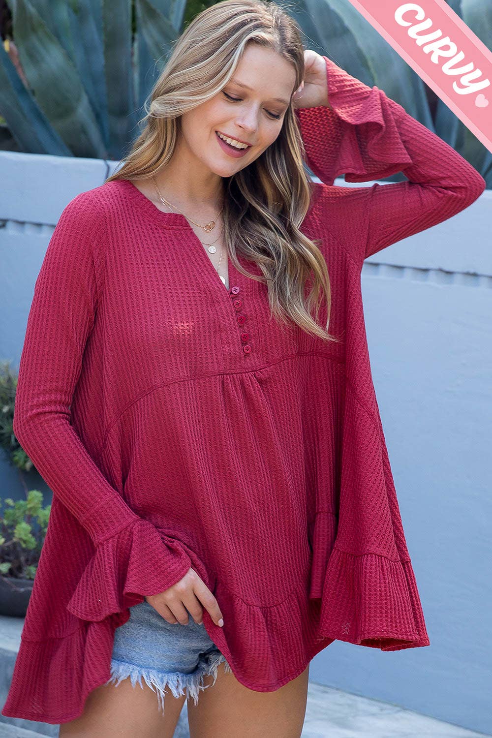 SW275PL - Curvy Waffle Knit Flare Top