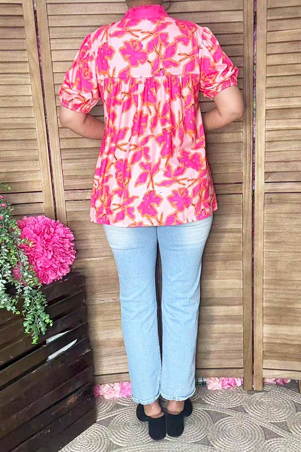 Pink floral puff sleeve baby doll women blouse GJQ16188