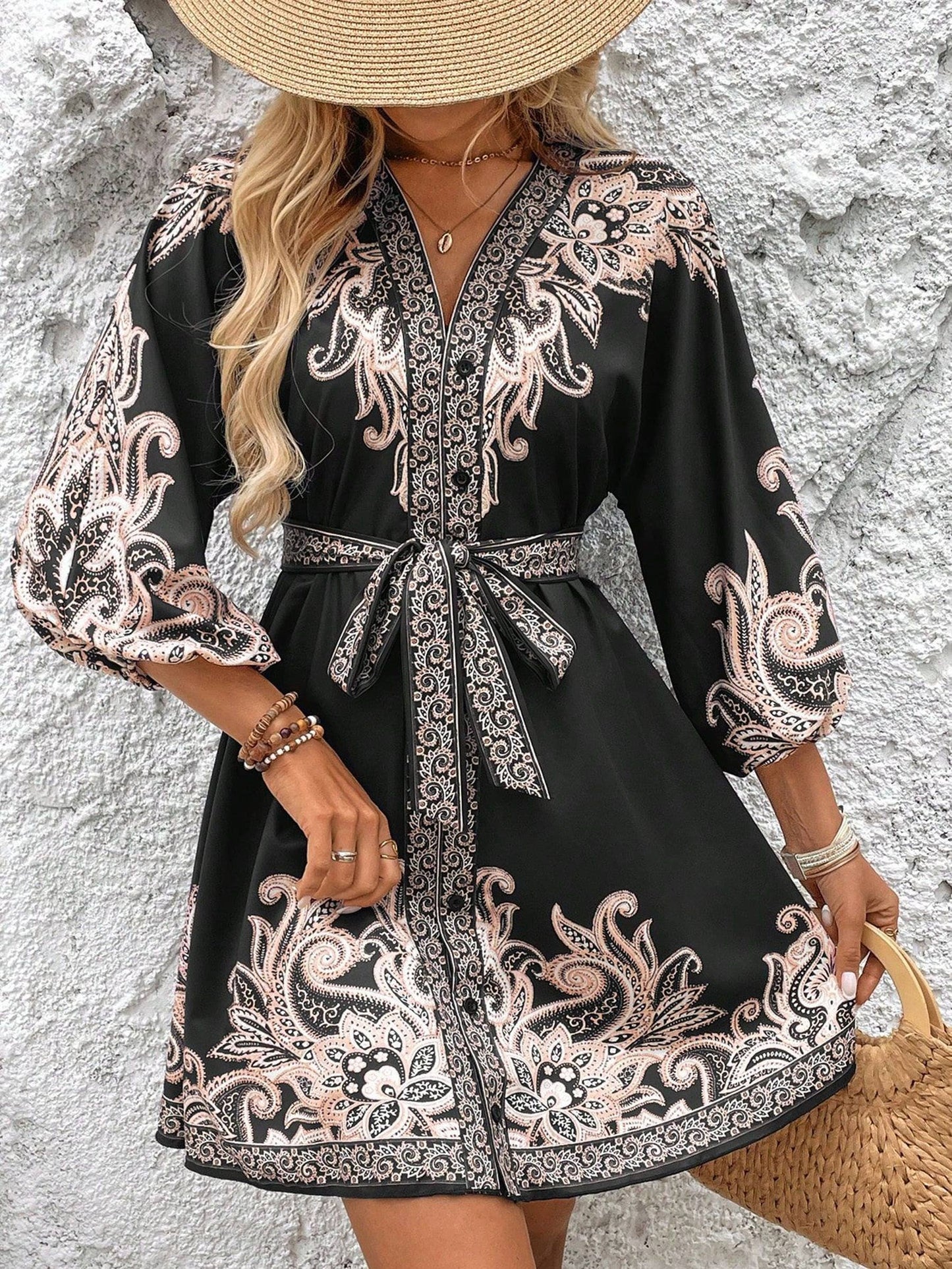 Printed V-neck Lace Up Waist Dress