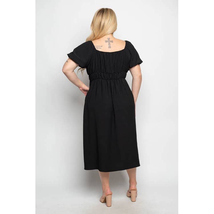 PLUS OFF SHOULDER ELASTIC WAIST SLIT MIDI DRESS