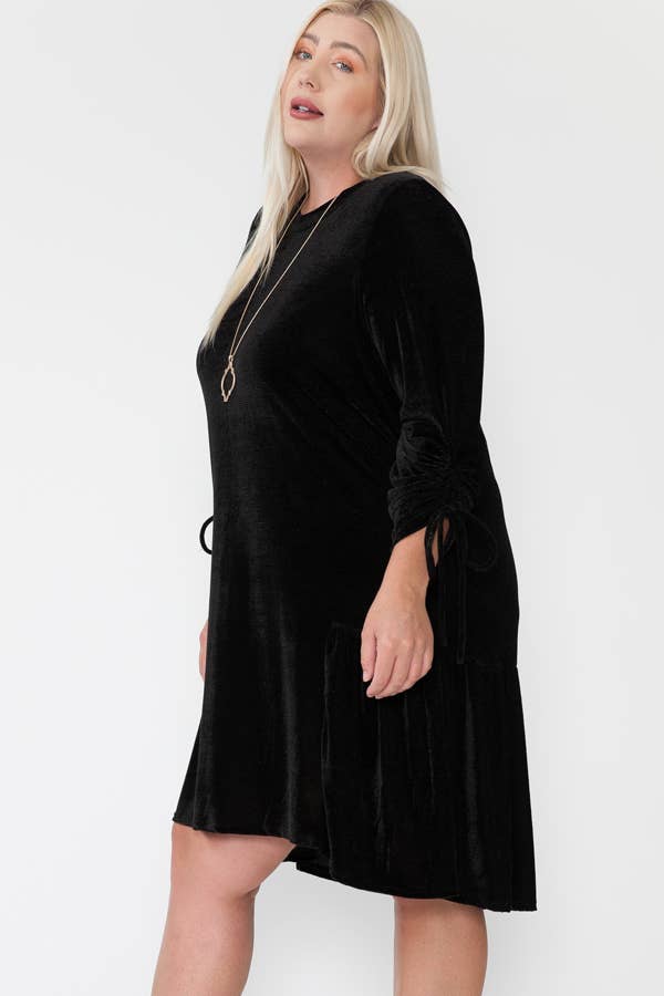 Plus Size Round Neck Sleeve Tied Velvet Knee Midi Dress