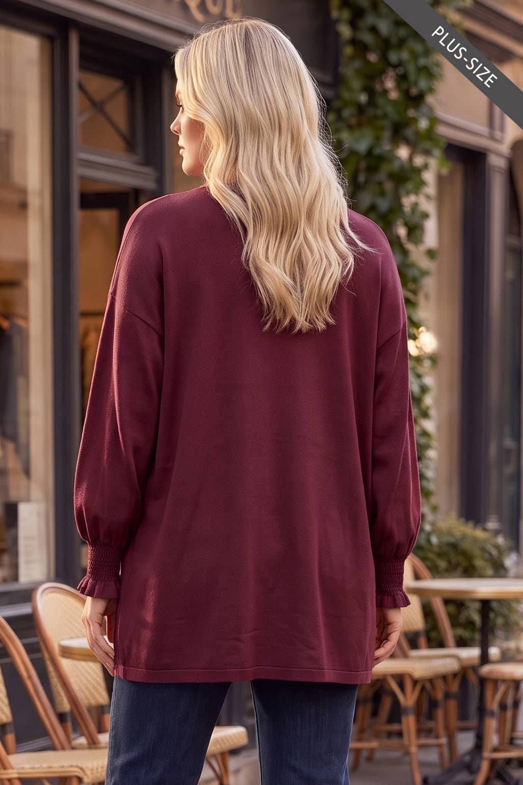 PLUS SIZE Soft Hacci Smocked Sleeve Open Front Cardigan