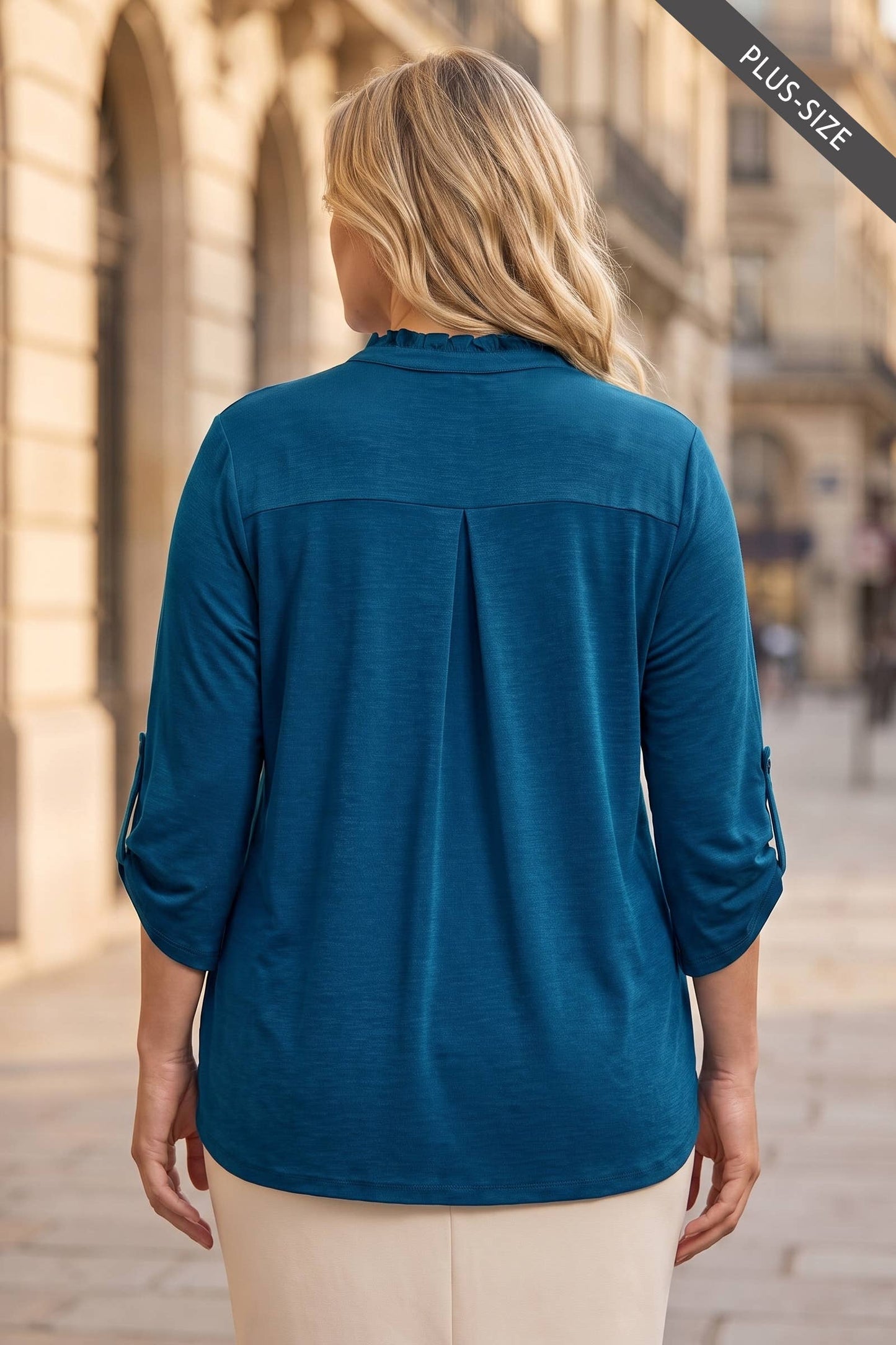 PLUS SIZE Ruffled Collar Lizzy 3/4 Sleeve Lightweight Blouse