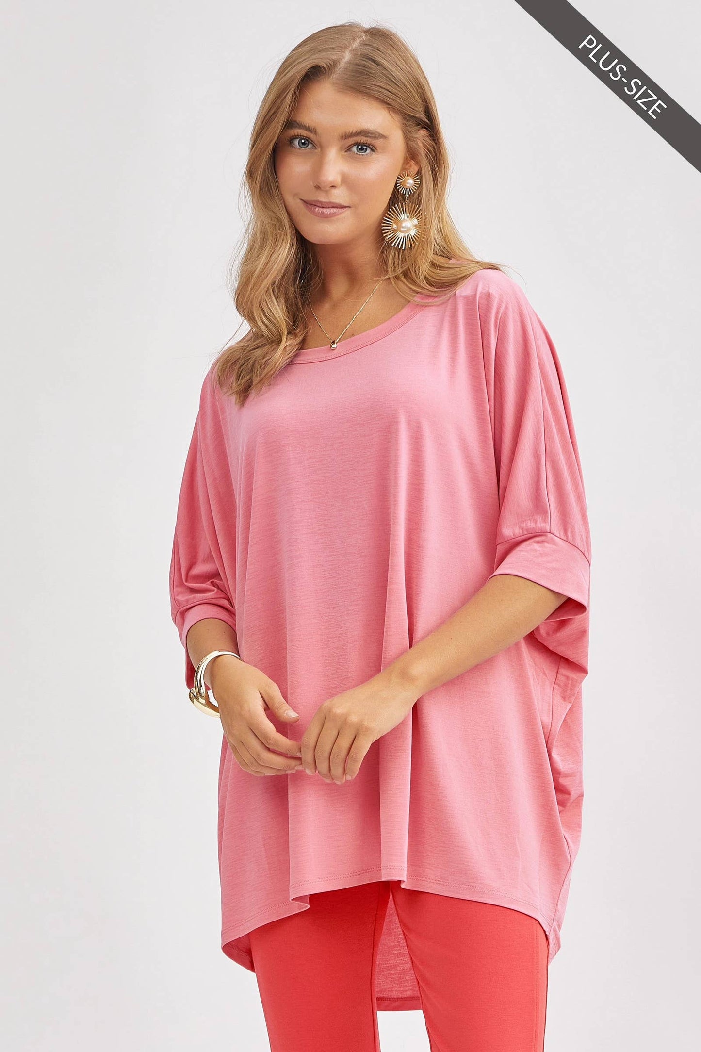 PLUS SIZE Relaxed Banded Dolman Sleeve Poncho-Like Tunic Top
