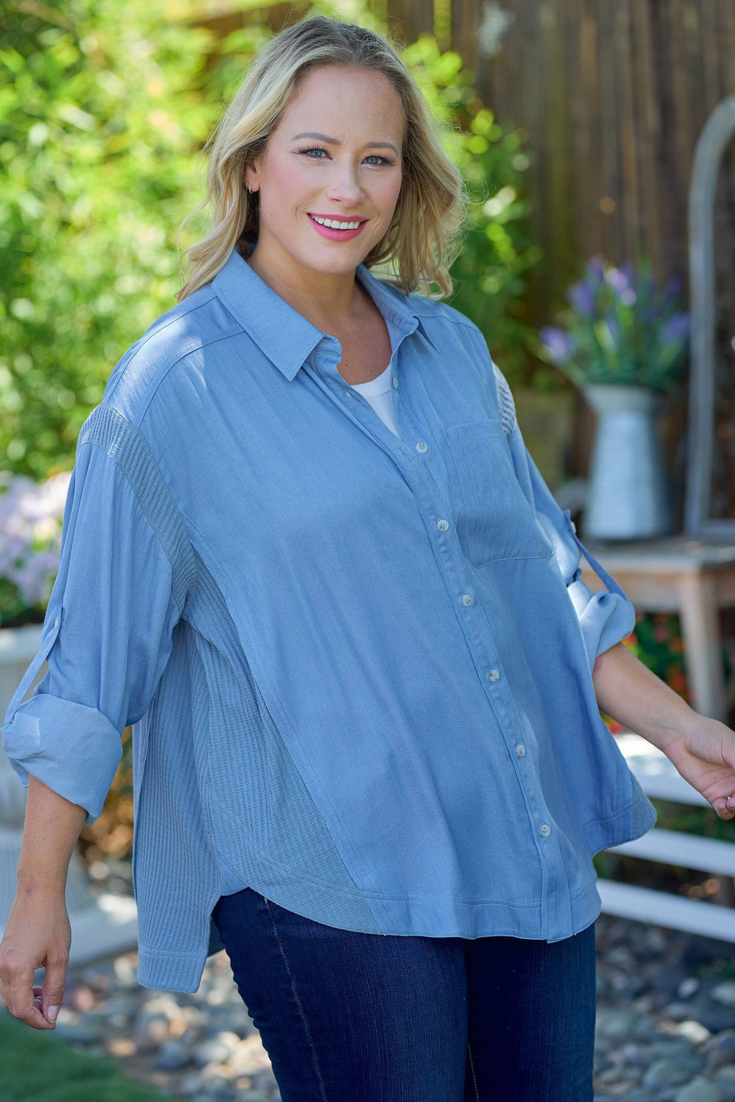 Plus Breezy Denim-Blue Button-Up-PIT6655