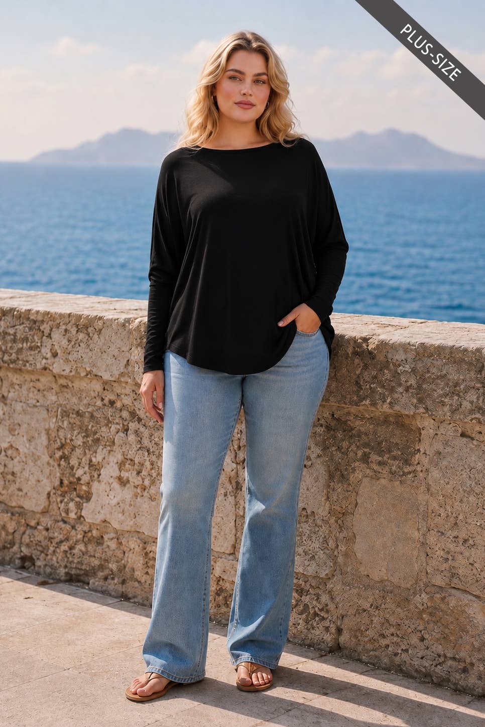 PLUS SIZE Drop Shoulder Round Hem Long Sleeve Top