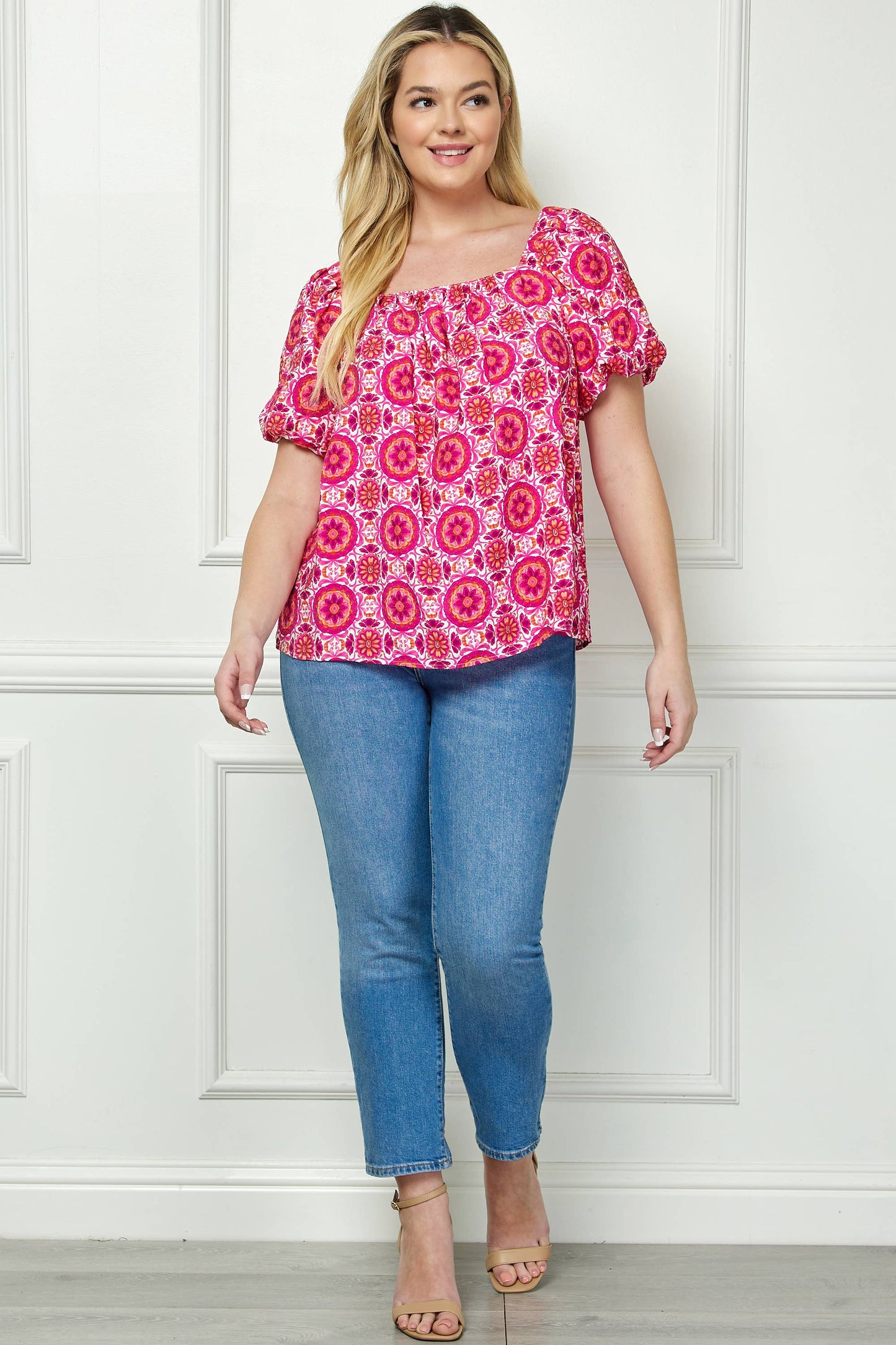 PLUS SIZE SHORT BUBBLE SLEEVE TRAPEZE BLOUSE G230550A49X