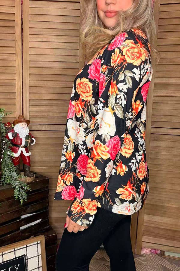Floral multi color printed women black tops GJQ15766