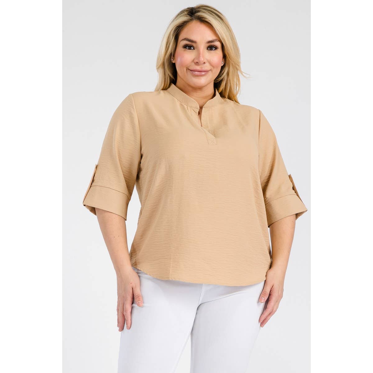 PLUS SIZE SPLIT NECK ROLL UP SLEEVE RELAXED BLOUSE