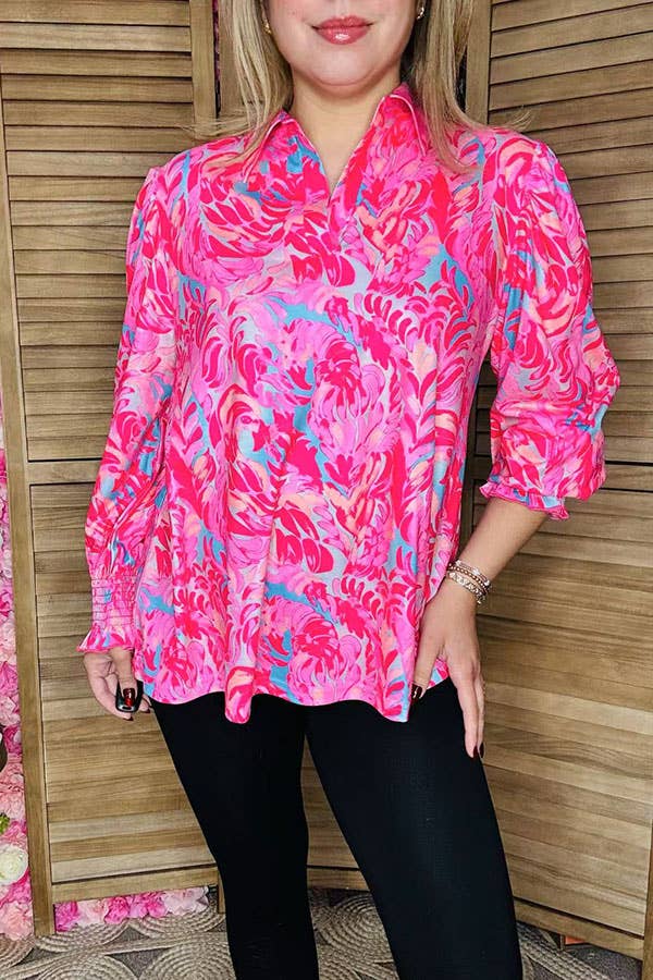Trendy pink floral v-neckline women's boutique top GJQ16006