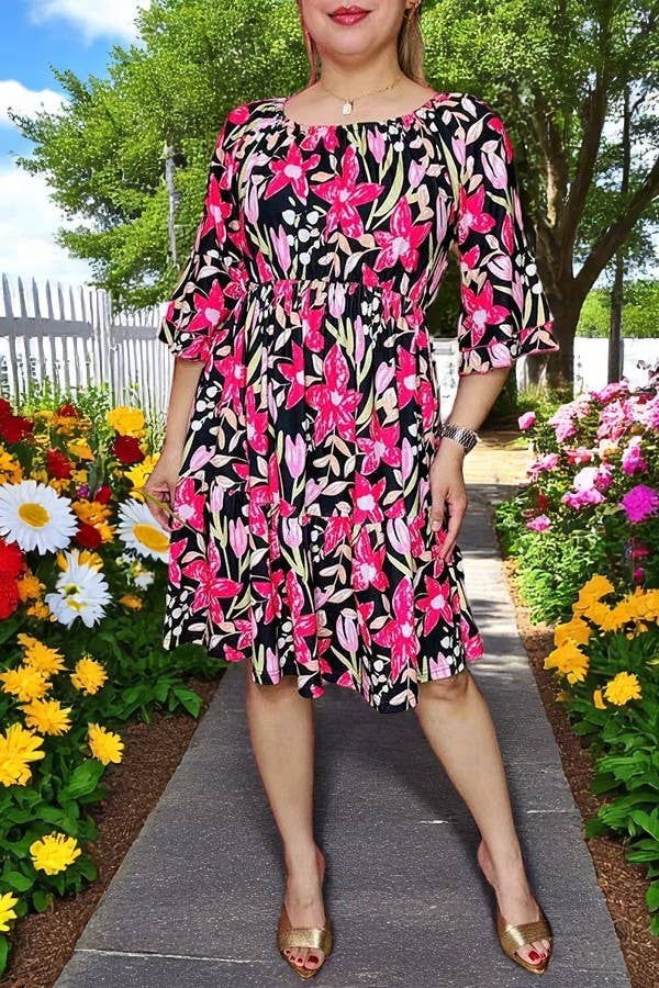 Floral printed off shoulder 3/4 sleeves dress GJQ16187