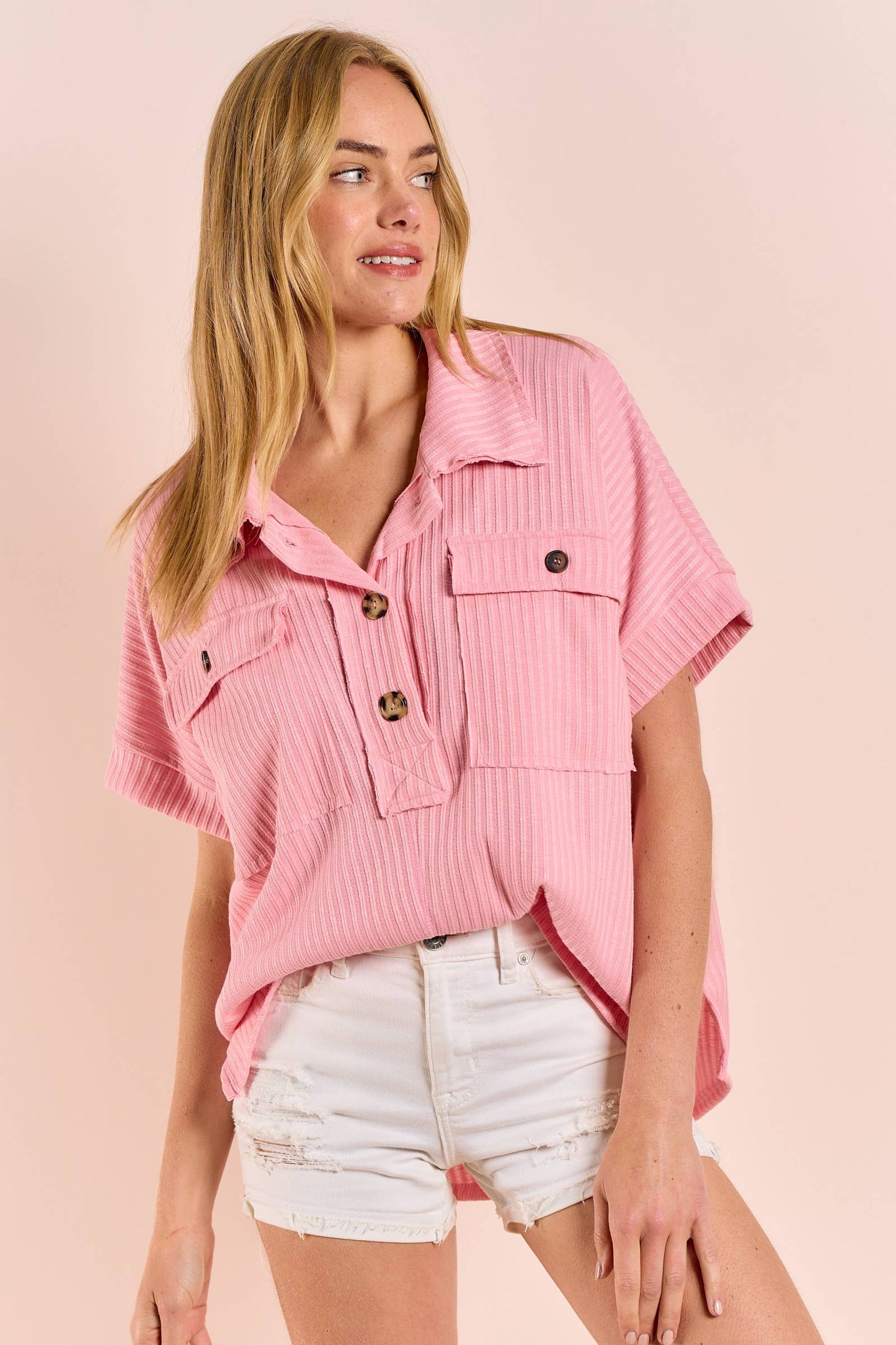 Plus double knit rib loose fit button down top-PST11170