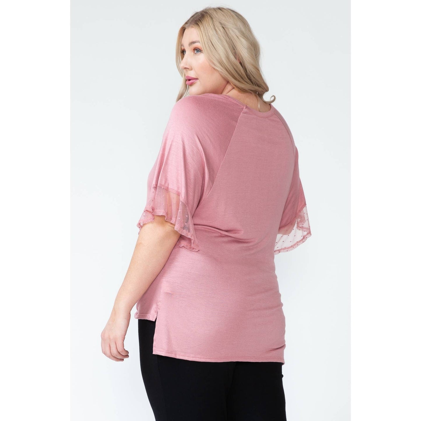 Plus Size V-Neck Dot Mesh Ruffled Sleeve Blouse