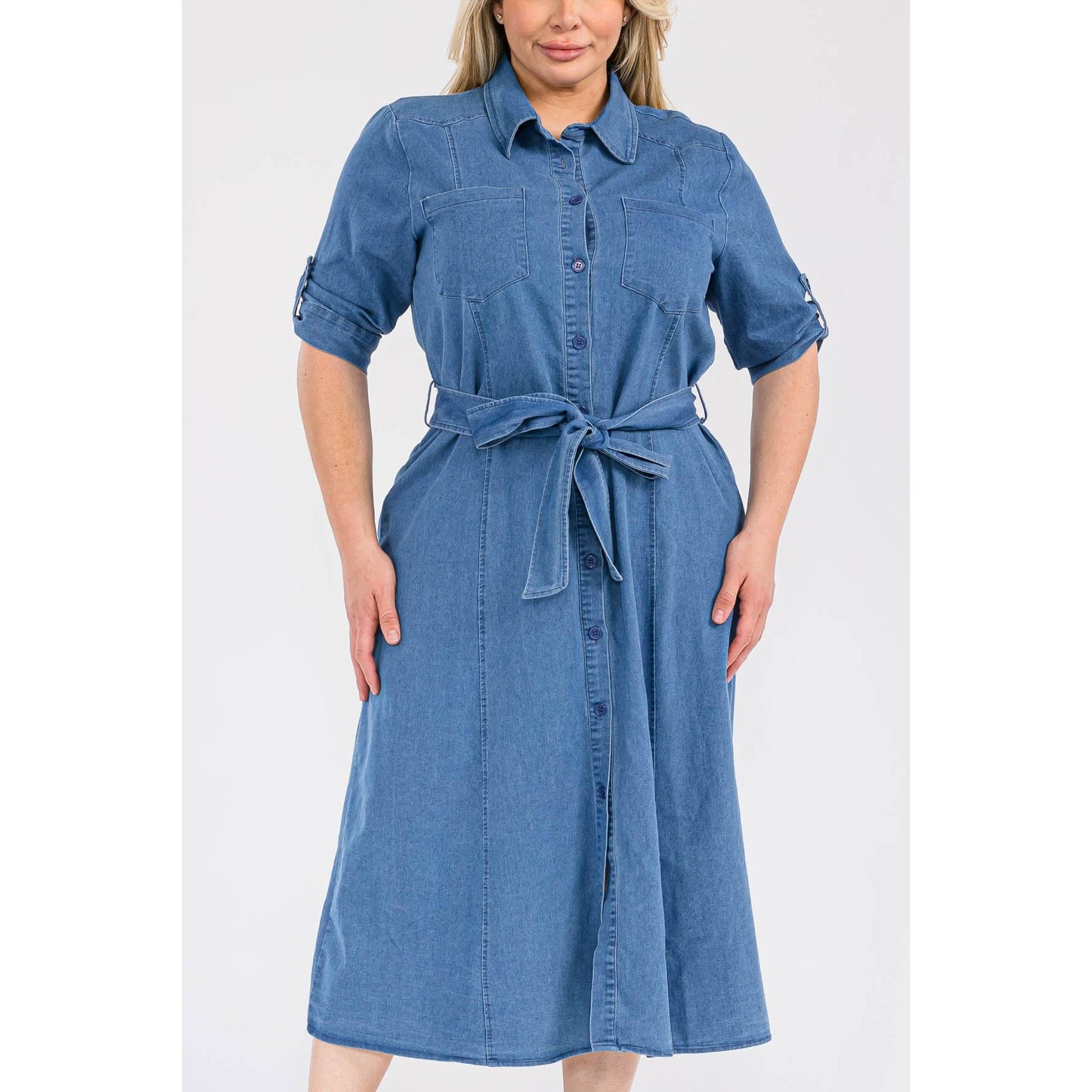 PLUS SIZE DENIM COLLARED BUTTON DOWN TIE WAIST MIDI SHIRT DR