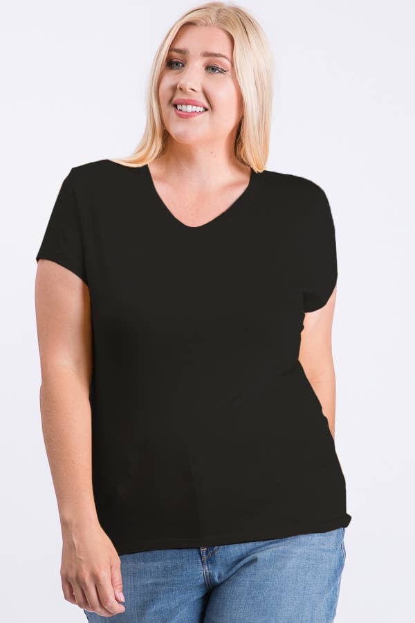 Plus Size V-Neck Basic Short Sleeve Solid Tee Cotton Top