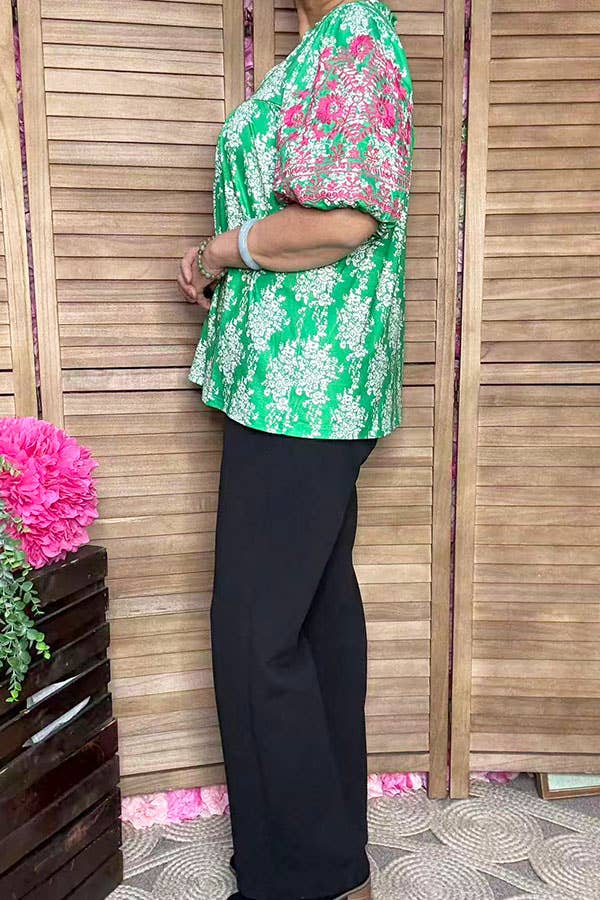 Pink floral emboridery puff sleeves women blouse XCH16810