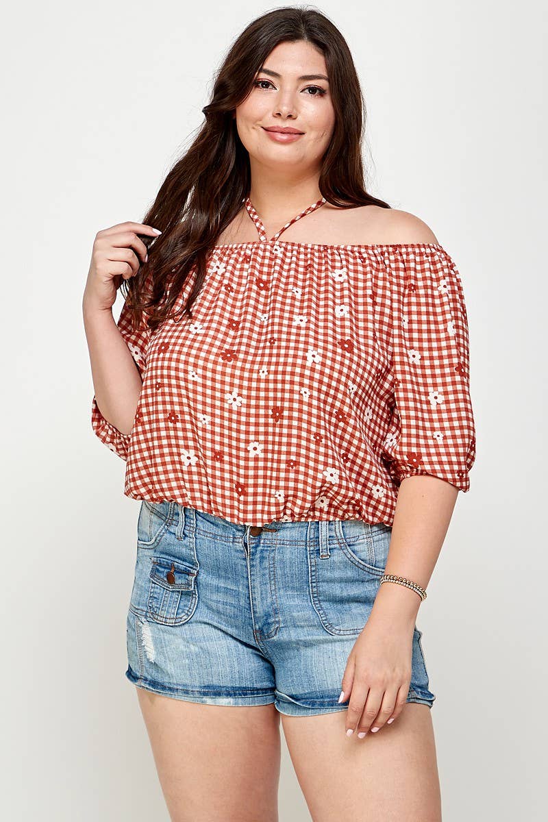 Plus Size Checker Off Shoulder Halter Top - WG17823-4T