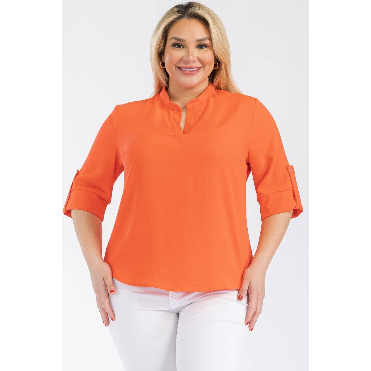 PLUS SIZE SPLIT NECK ROLL UP SLEEVE RELAXED BLOUSE