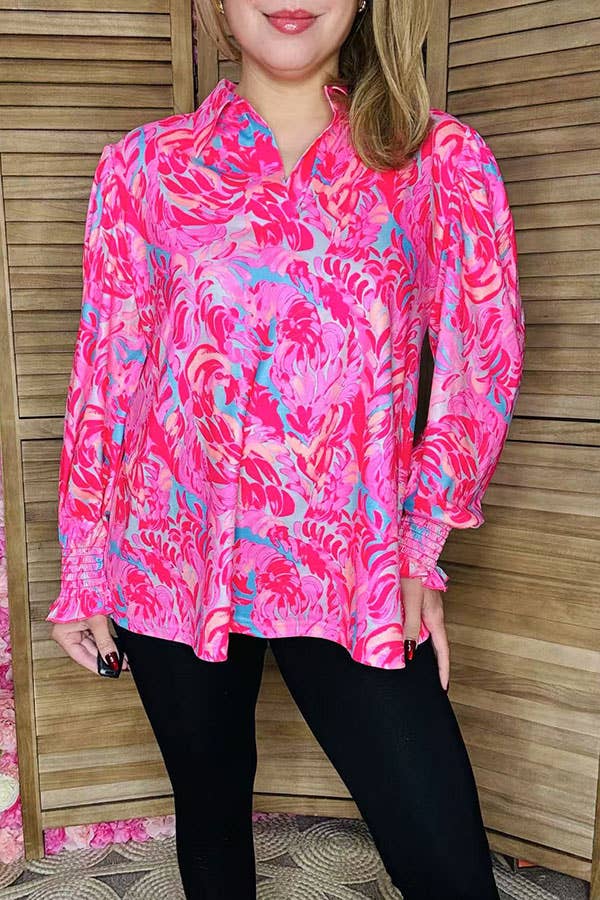 Trendy pink floral v-neckline women's boutique top GJQ16006