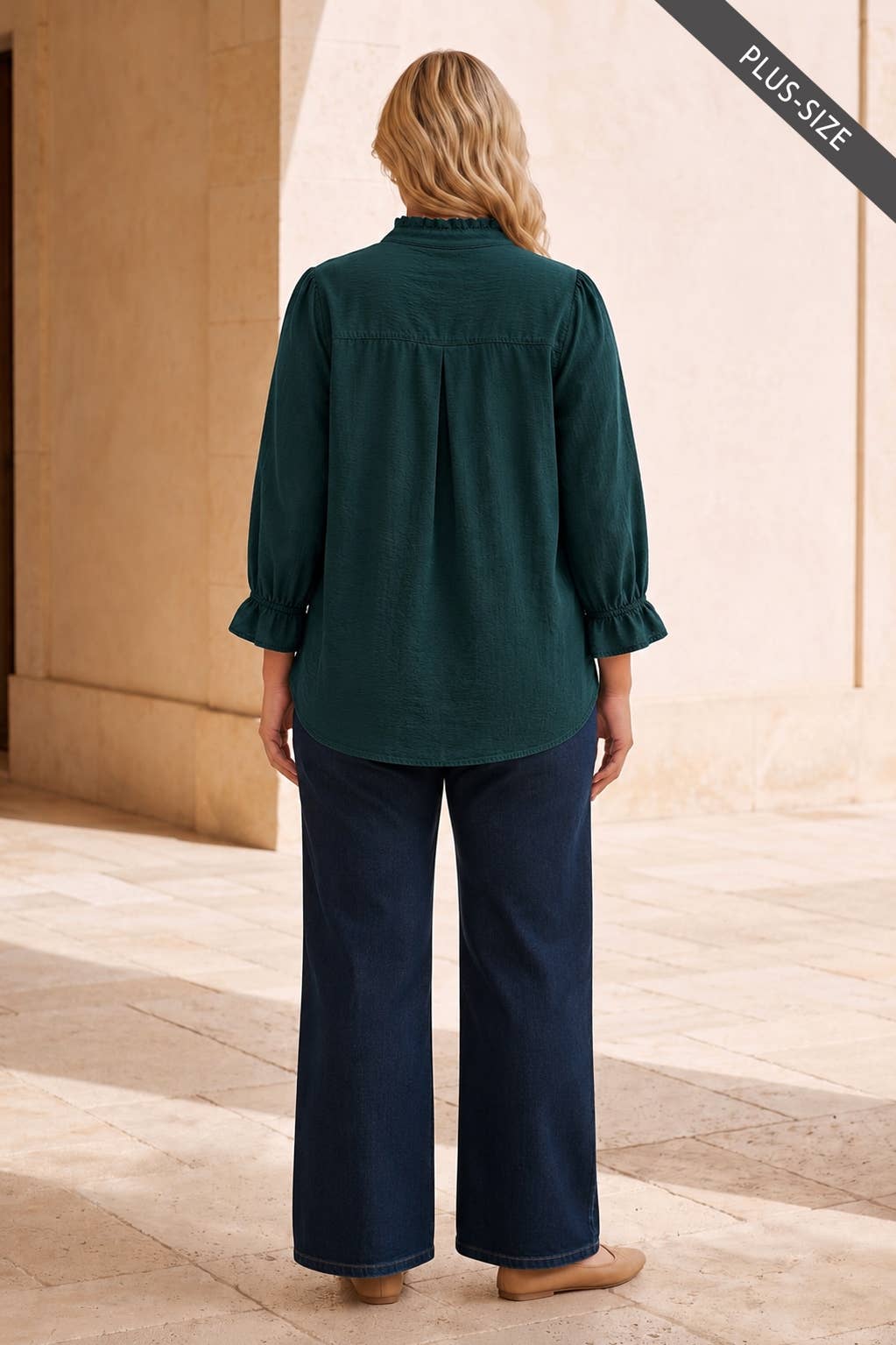 PLUS SIZE Ruffle 3/4 Sleeve Button Down Front Blouse