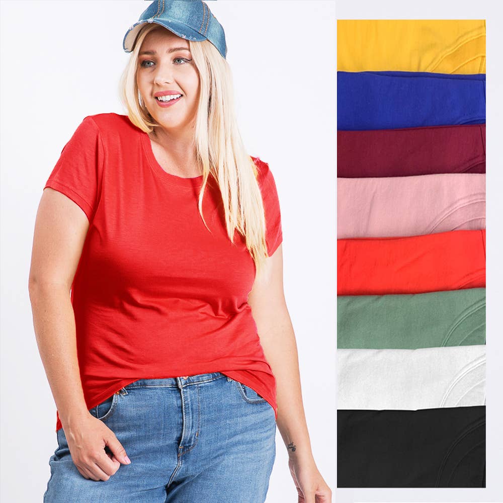Plus Size V-Neck Basic Short Sleeve Solid Tee Cotton Top