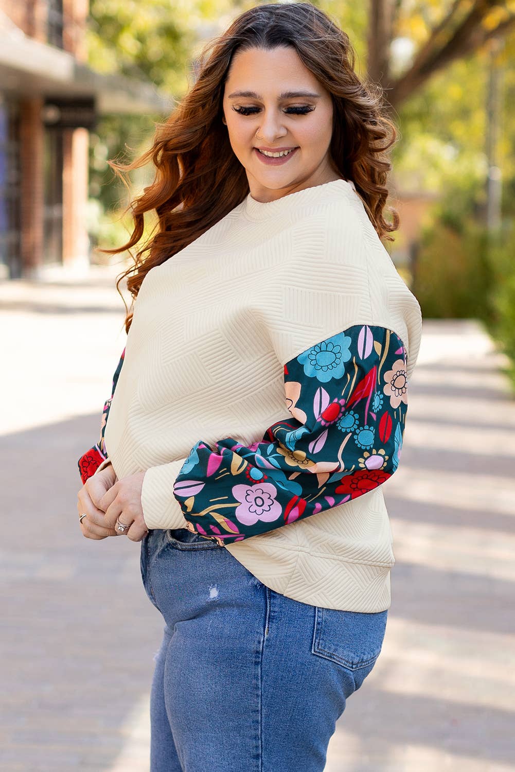 Floral Patchwork Sleeve Pullover Top Plus Size