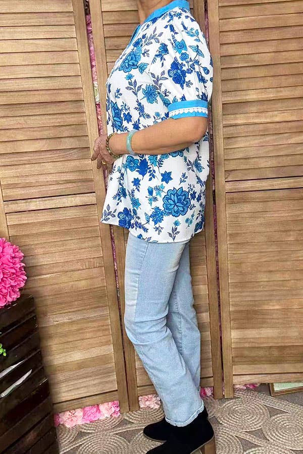 Blue floral whtie trim puff sleeve women top GJQ16642