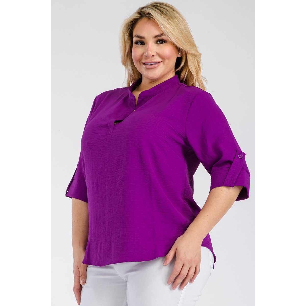 PLUS SIZE SPLIT NECK ROLL UP SLEEVE RELAXED BLOUSE