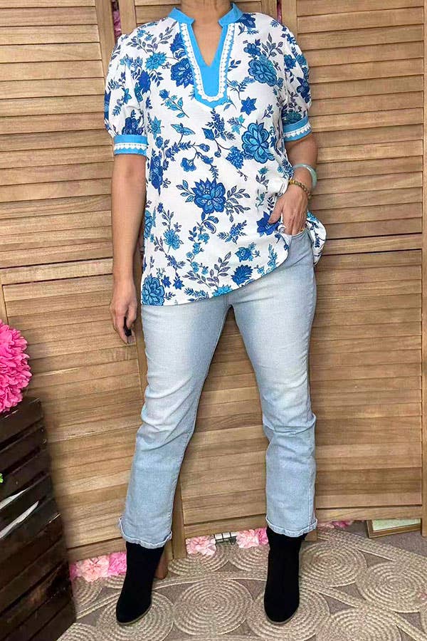 Blue floral whtie trim puff sleeve women top GJQ16642